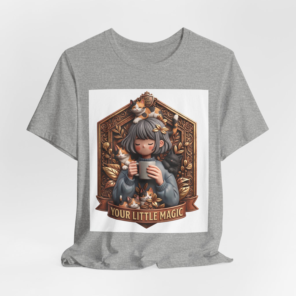 Your Little Magic tee: unisex Bella+Canvas 3001 with girl with cats badge print