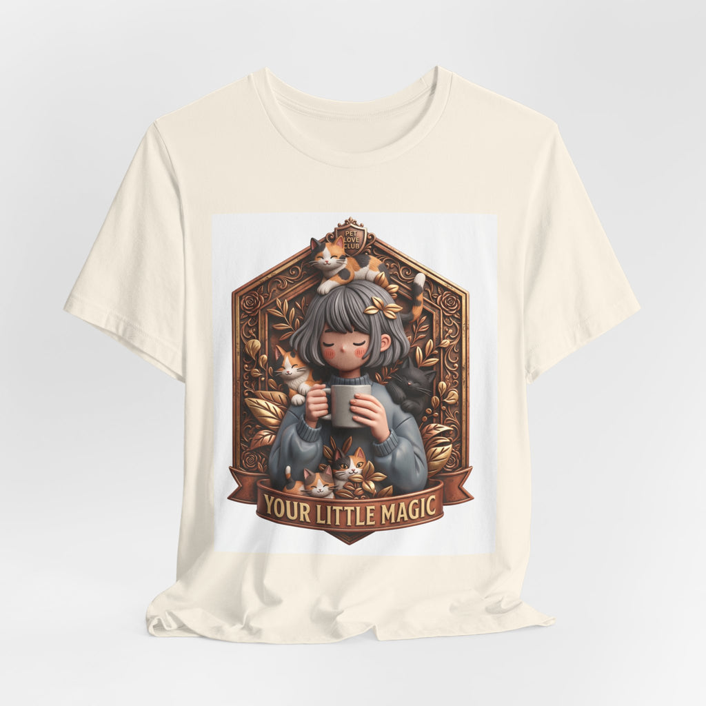 Your Little Magic tee: unisex Bella+Canvas 3001 with girl with cats badge print