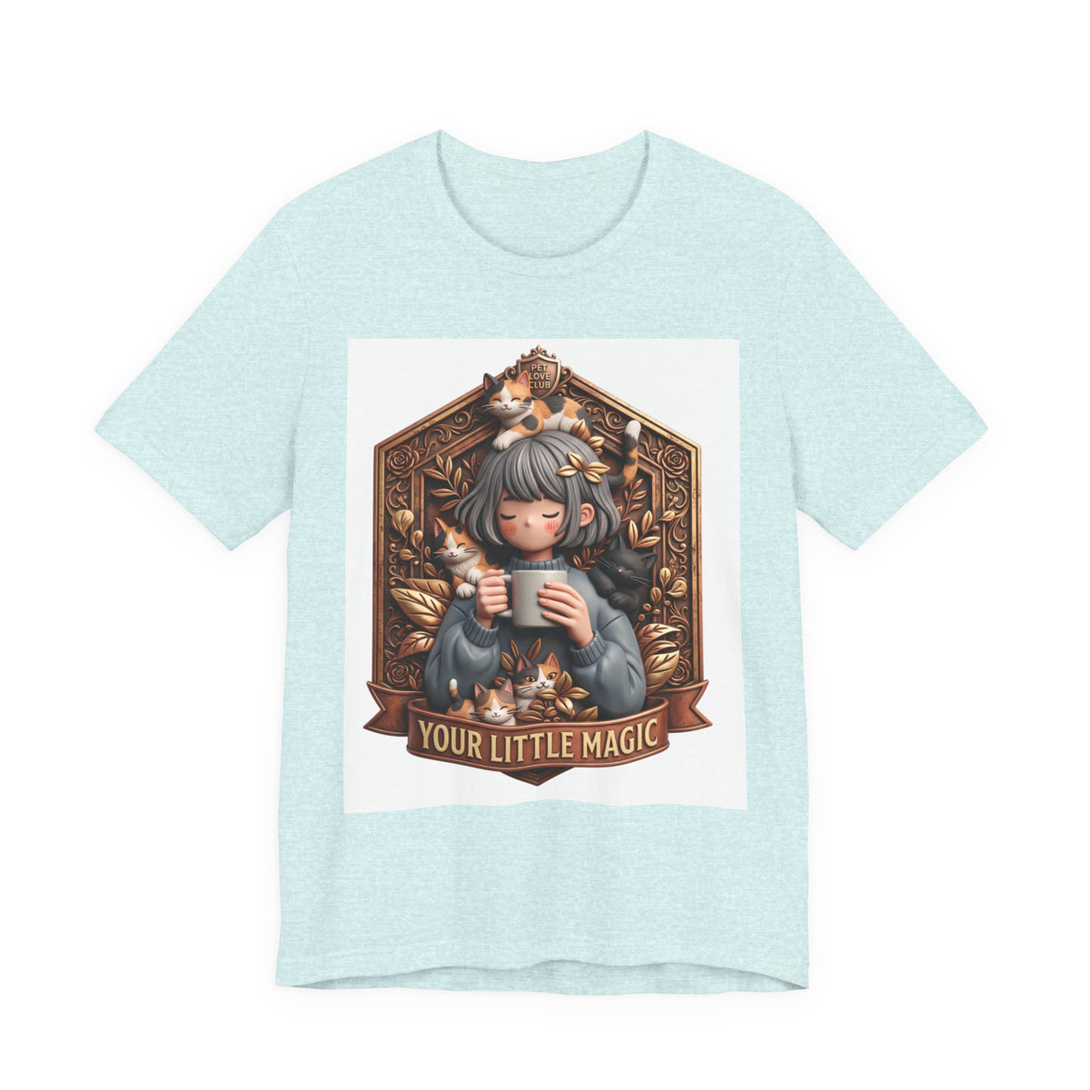 Your Little Magic tee: unisex Bella+Canvas 3001 with girl with cats badge print
