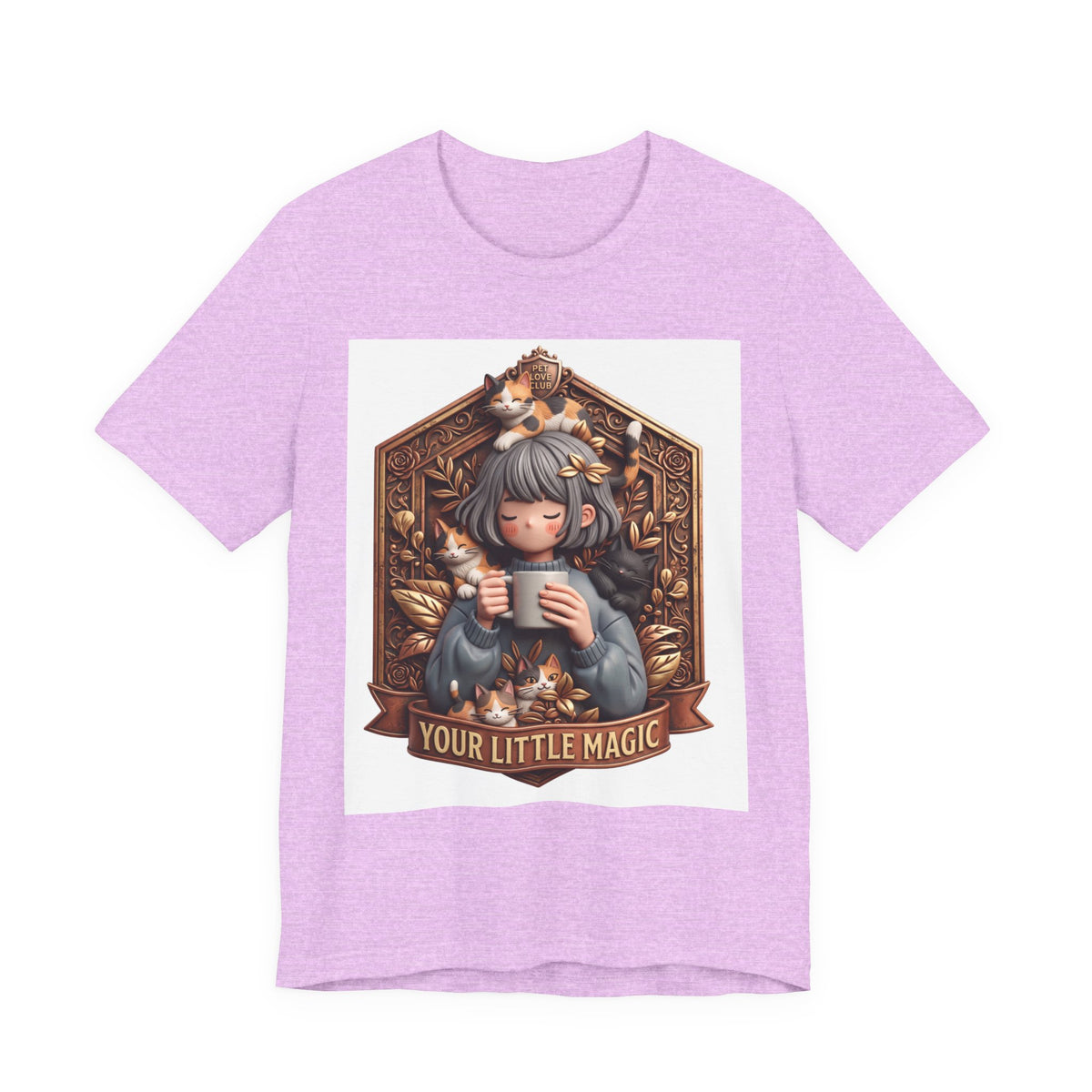 Your Little Magic tee: unisex Bella+Canvas 3001 with girl with cats badge print