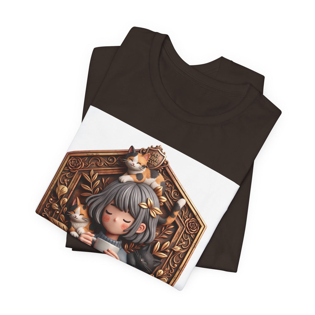 Your Little Magic tee: unisex Bella+Canvas 3001 with girl with cats badge print