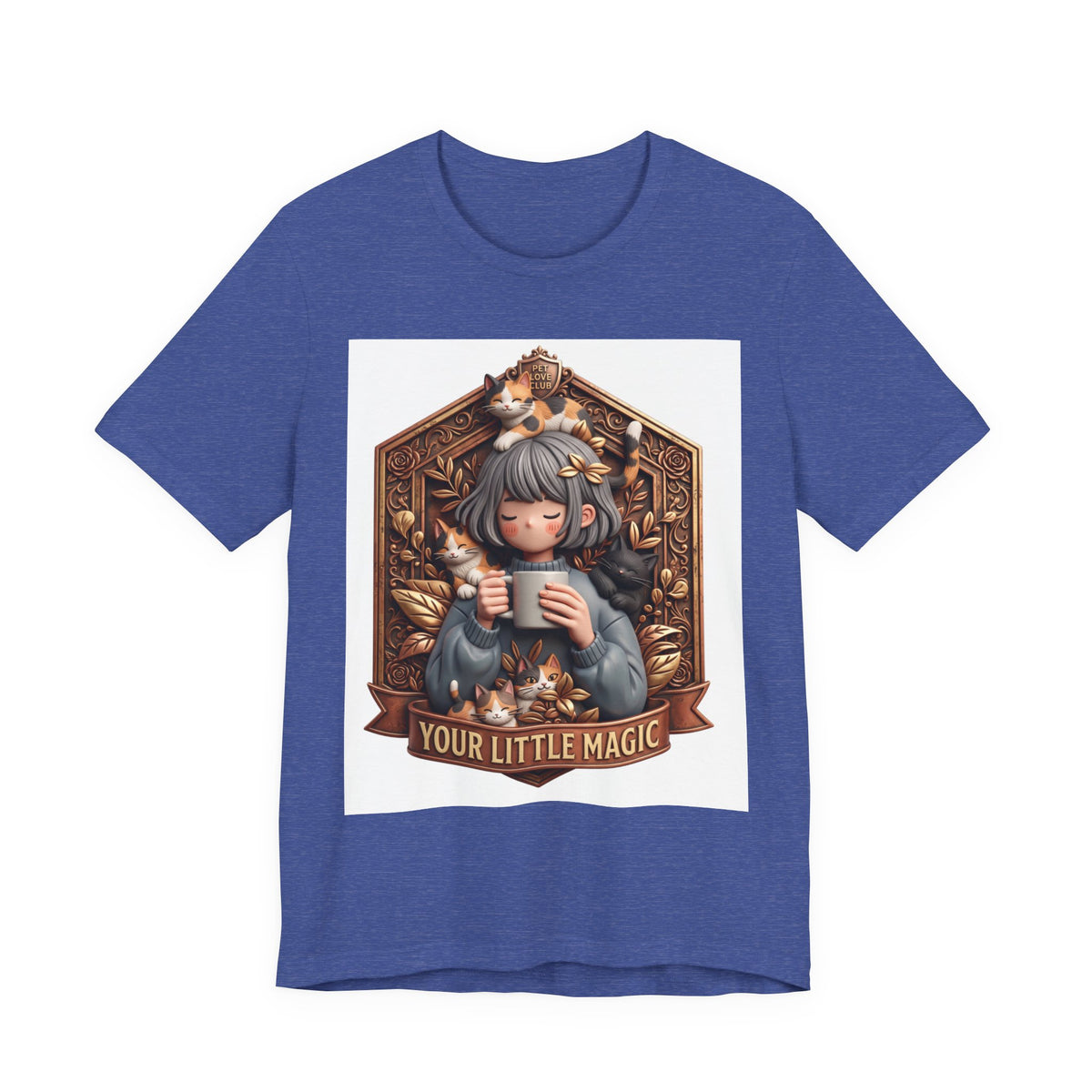Your Little Magic tee: unisex Bella+Canvas 3001 with girl with cats badge print