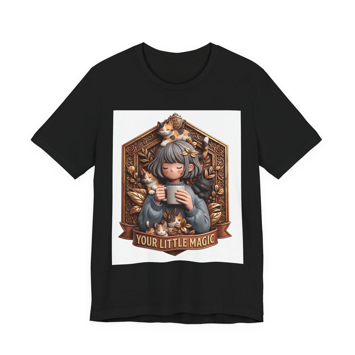 Your Little Magic tee: unisex Bella+Canvas 3001 with girl with cats badge print