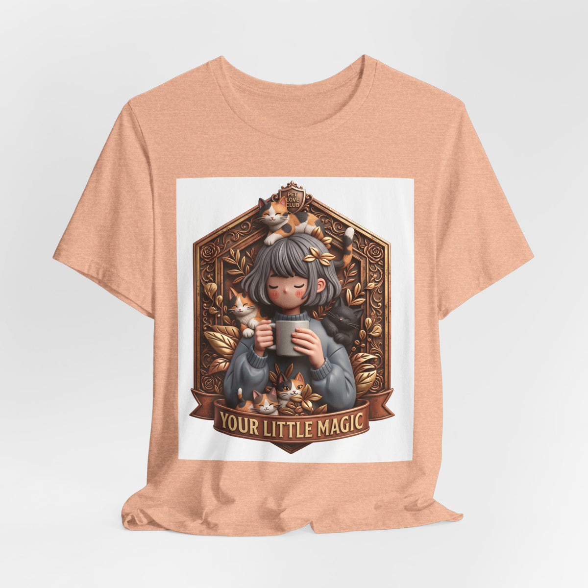 Your Little Magic tee: unisex Bella+Canvas 3001 with girl with cats badge print