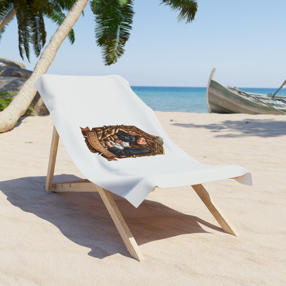 Our Cozy Magic beach towel draped over a beach chair on the sand