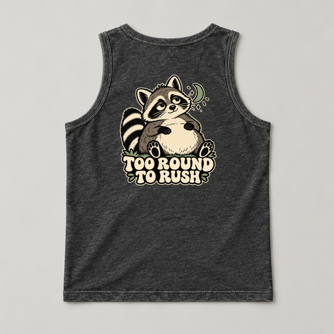 Too Round to Rush Raccoon Graphic Washed T-Shirt, Hoodie & Sweatshirt — washed tanktop mockup 1