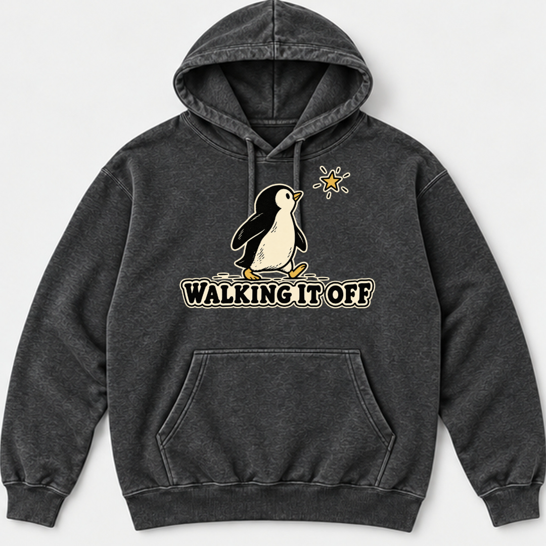 Walking It Off Penguin Graphic Washed T-Shirt, Hoodie & Sweatshirt — washed hoodie mockup 1