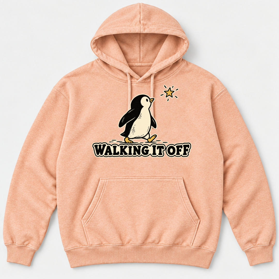 Walking It Off Penguin Graphic Washed T-Shirt, Hoodie & Sweatshirt — washed hoodie mockup 3