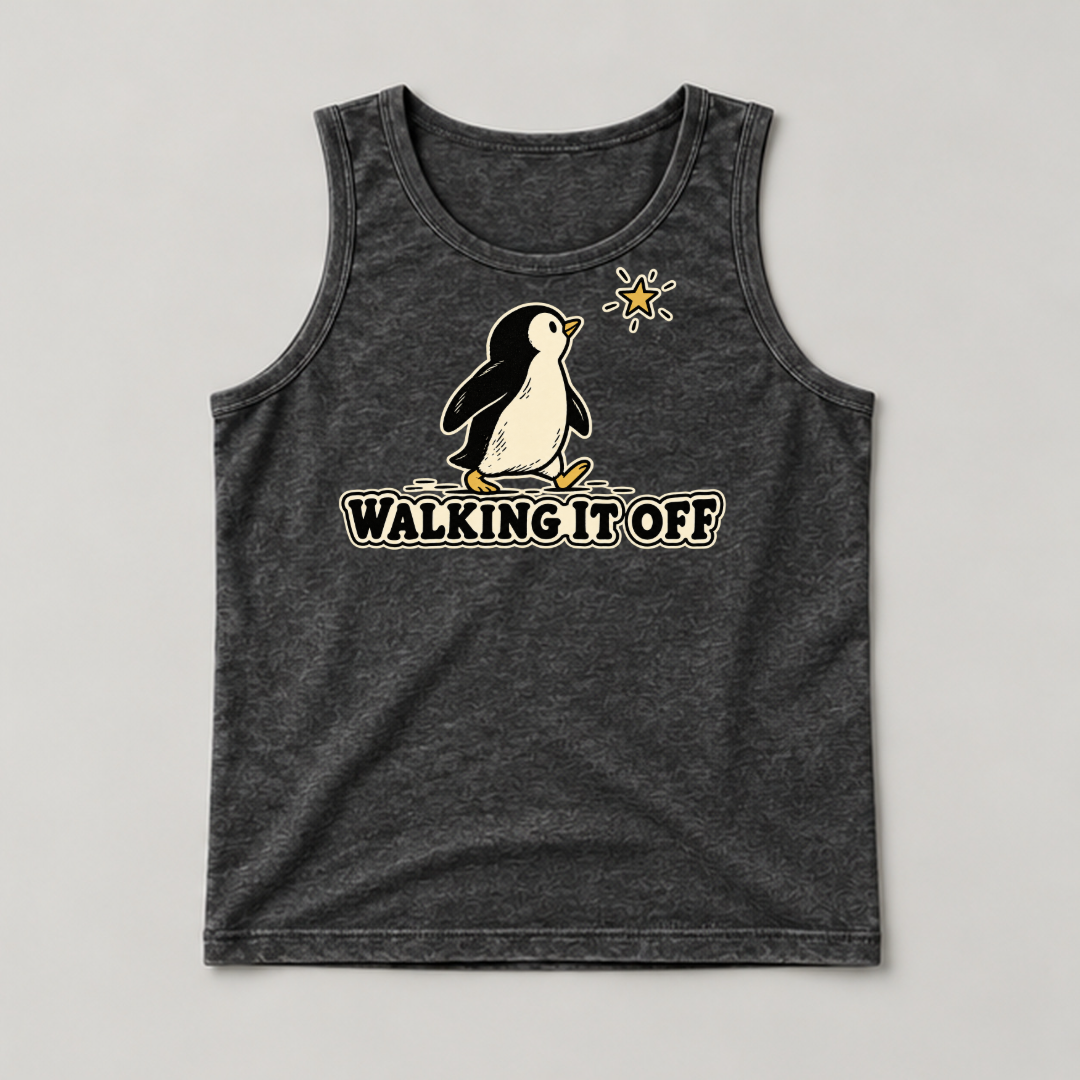 Walking It Off Penguin Graphic Washed T-Shirt, Hoodie & Sweatshirt — washed tanktop mockup 1