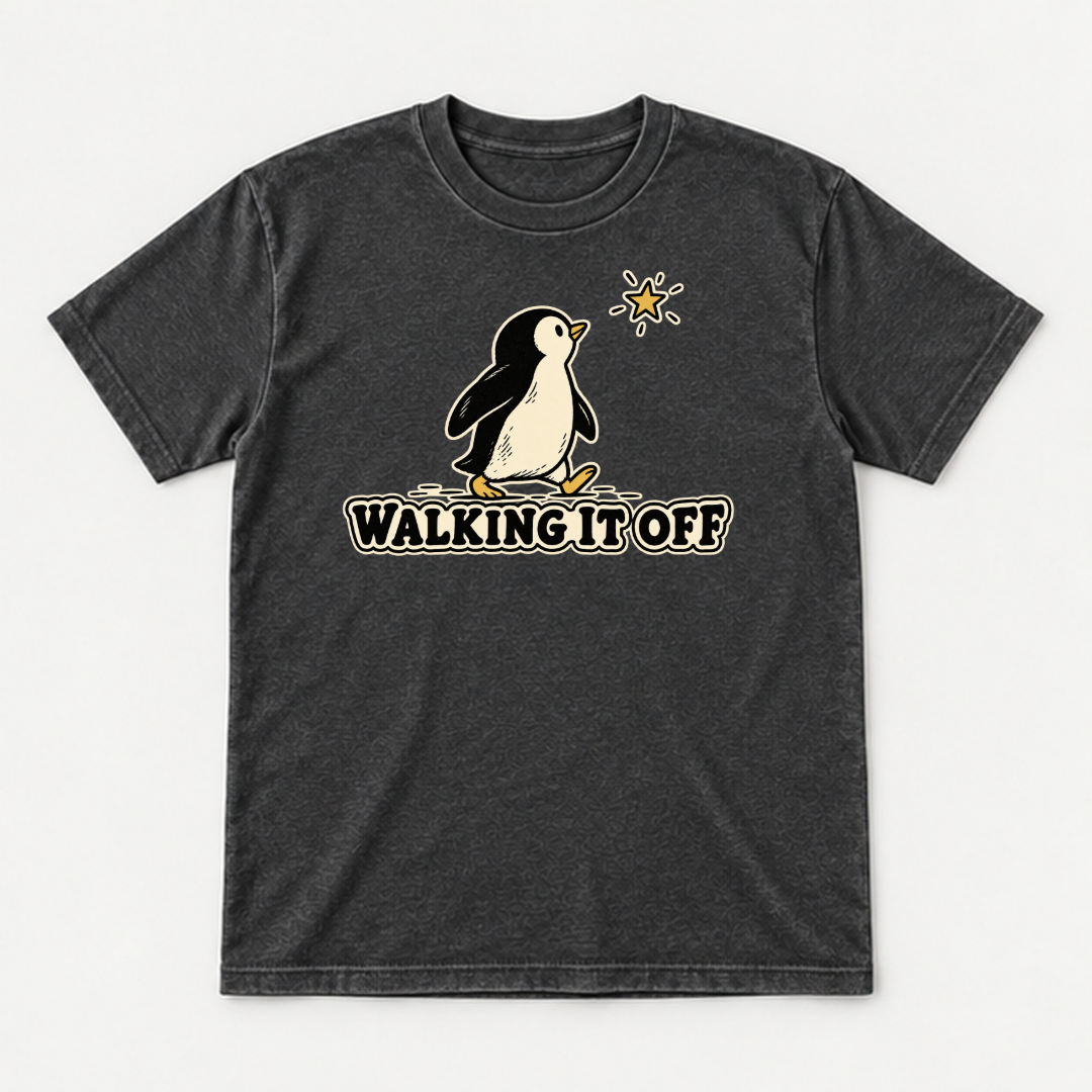 Walking It Off Penguin Graphic Washed T-Shirt, Hoodie & Sweatshirt — washed tshirt mockup 1