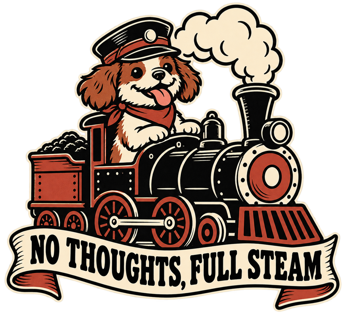 No Thoughts Full Steam Train Dog Graphic Washed T-Shirt, Hoodie & Sweatshirt — original print design artwork