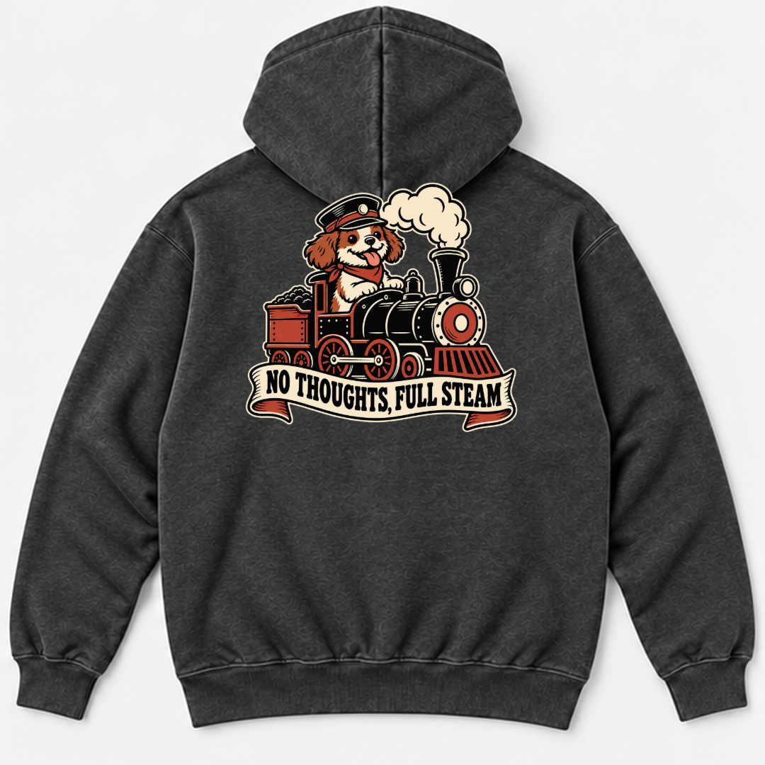 No Thoughts Full Steam Train Dog Graphic Washed T-Shirt, Hoodie & Sweatshirt — washed hoodie mockup 1