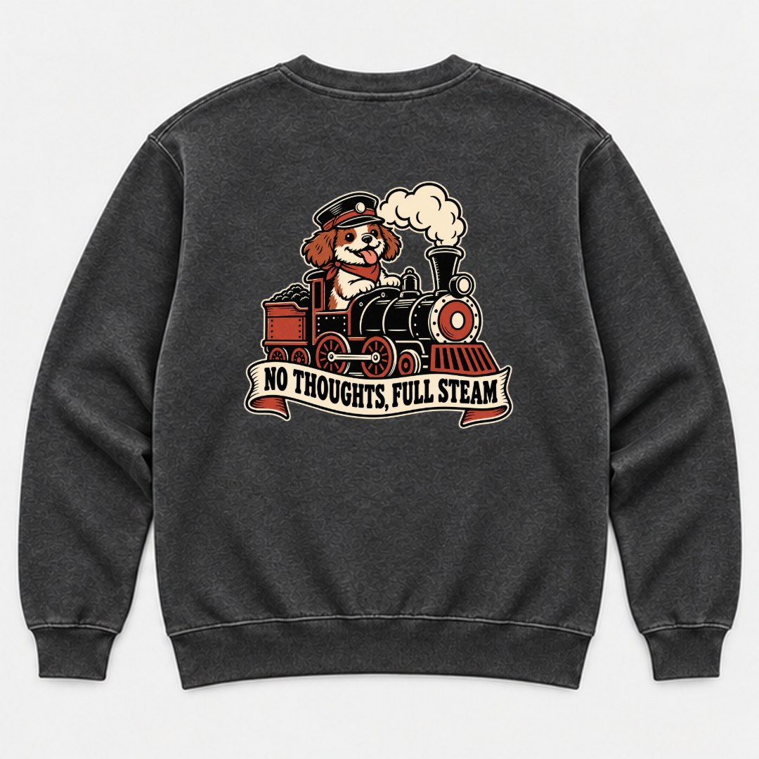 No Thoughts Full Steam Train Dog Graphic Washed T-Shirt, Hoodie & Sweatshirt — washed sweatshirt mockup 1