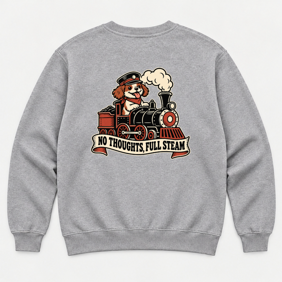 No Thoughts Full Steam Train Dog Graphic Washed T-Shirt, Hoodie & Sweatshirt — washed sweatshirt mockup 2
