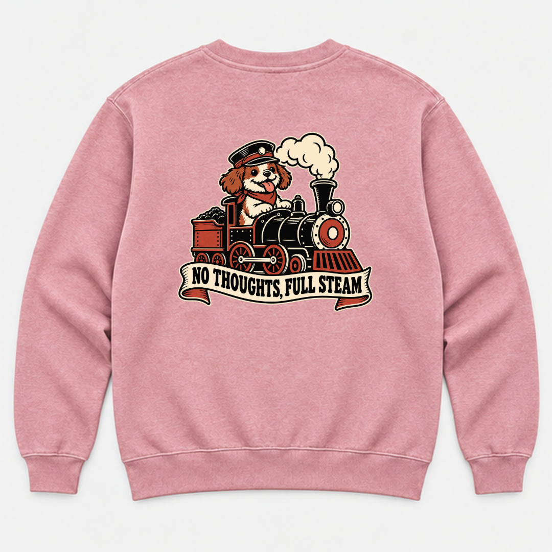 No Thoughts Full Steam Train Dog Graphic Washed T-Shirt, Hoodie & Sweatshirt — washed sweatshirt mockup 4