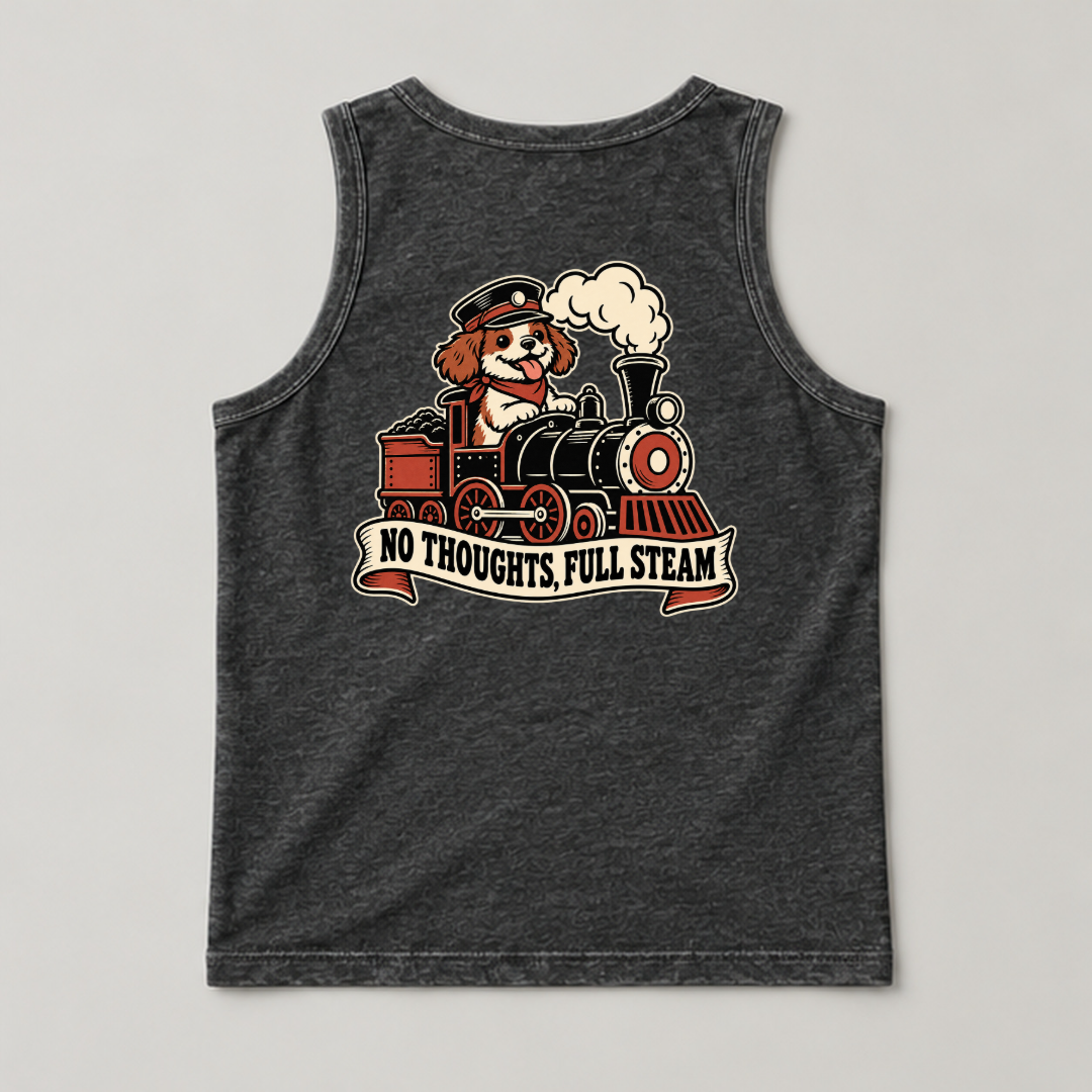No Thoughts Full Steam Train Dog Graphic Washed T-Shirt, Hoodie & Sweatshirt — washed tanktop mockup 1