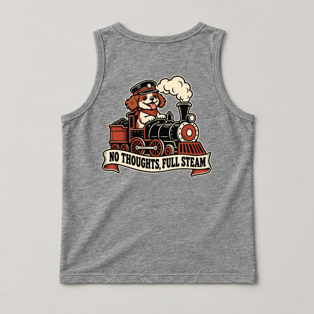 No Thoughts Full Steam Train Dog Graphic Washed T-Shirt, Hoodie & Sweatshirt — washed tanktop mockup 2