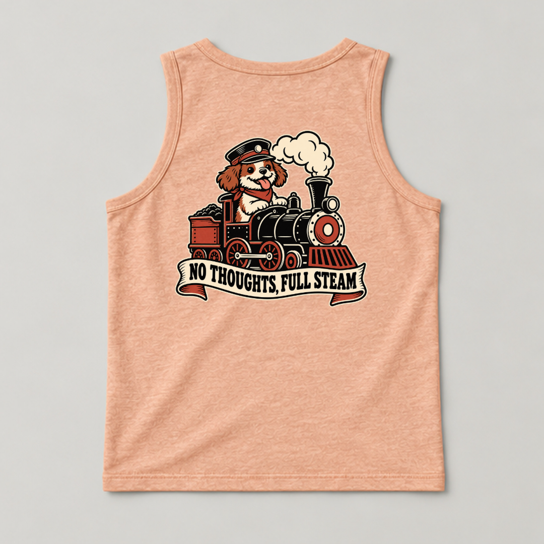 No Thoughts Full Steam Train Dog Graphic Washed T-Shirt, Hoodie & Sweatshirt — washed tanktop mockup 3