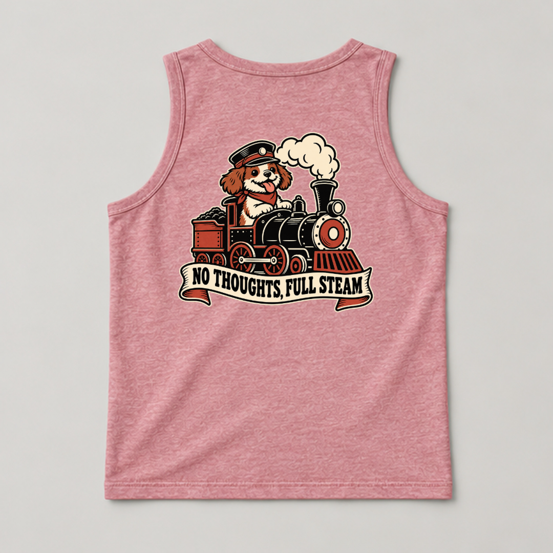 No Thoughts Full Steam Train Dog Graphic Washed T-Shirt, Hoodie & Sweatshirt — washed tanktop mockup 4