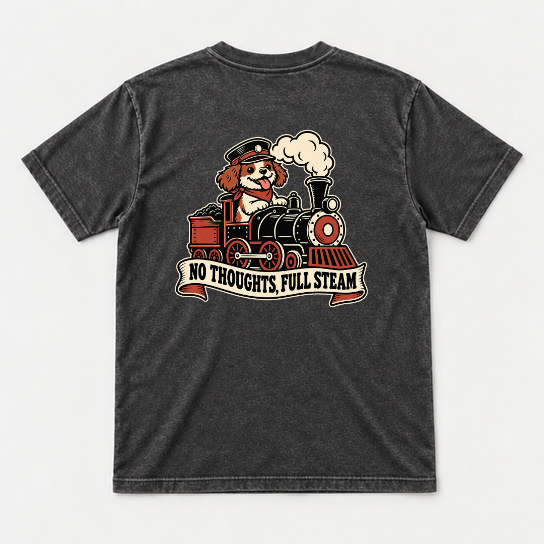 No Thoughts Full Steam Train Dog Graphic Washed T-Shirt, Hoodie & Sweatshirt — washed tshirt mockup 1