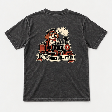 No Thoughts Full Steam Train Dog Graphic Washed T-Shirt, Hoodie & Sweatshirt — washed tshirt mockup 1