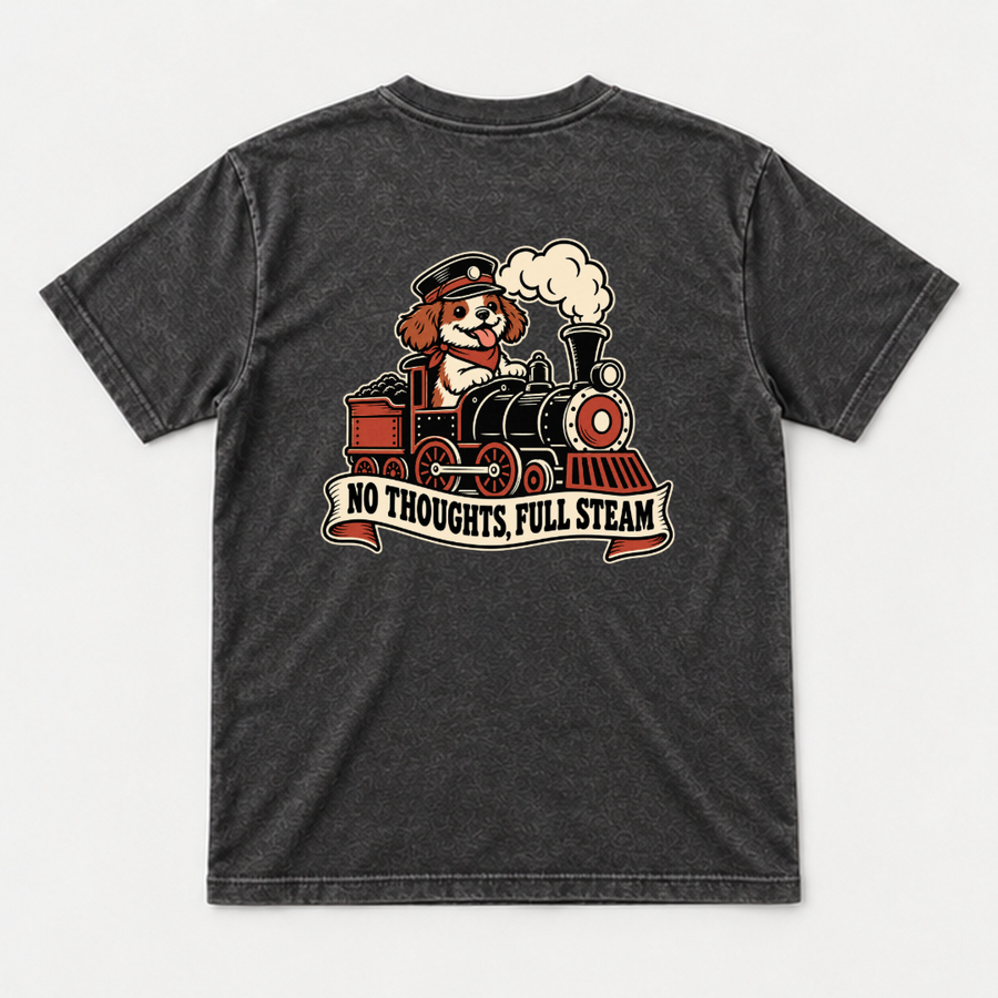 No Thoughts Full Steam Train Dog Graphic Washed T-Shirt, Hoodie & Sweatshirt