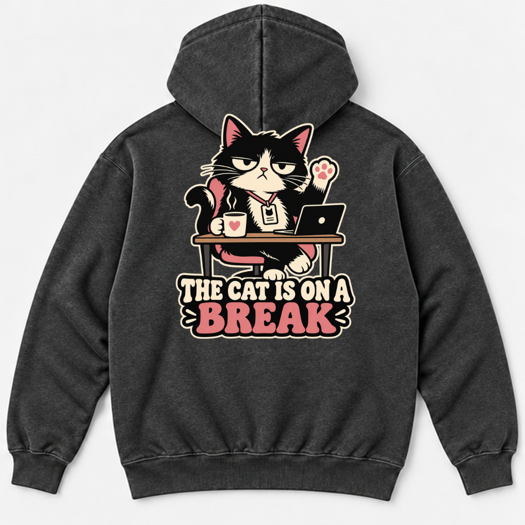 The Cat Is on a Break Graphic Washed T-Shirt, Hoodie & Sweatshirt — washed hoodie mockup 1