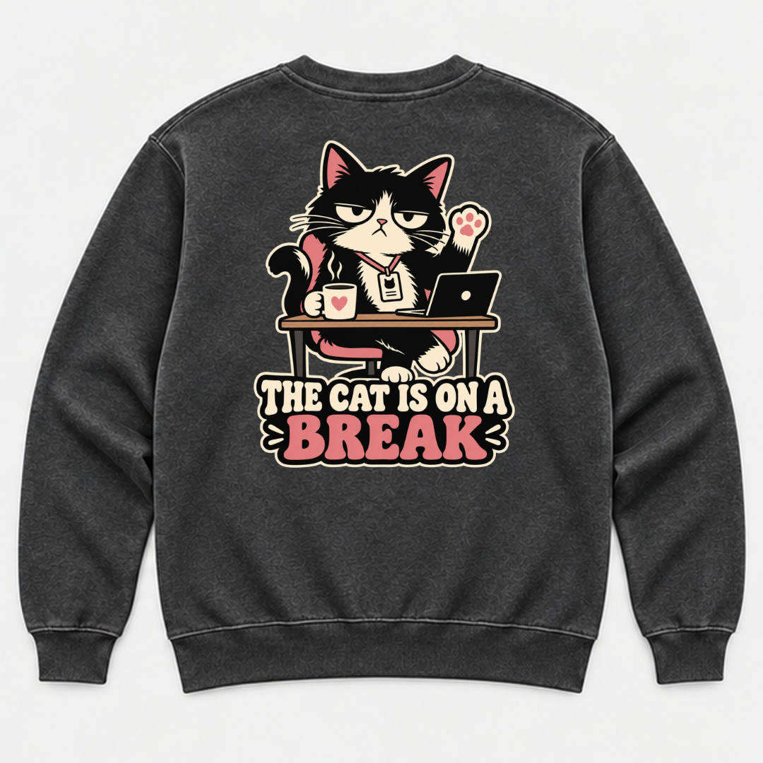The Cat Is on a Break Graphic Washed T-Shirt, Hoodie & Sweatshirt — washed sweatshirt mockup 1