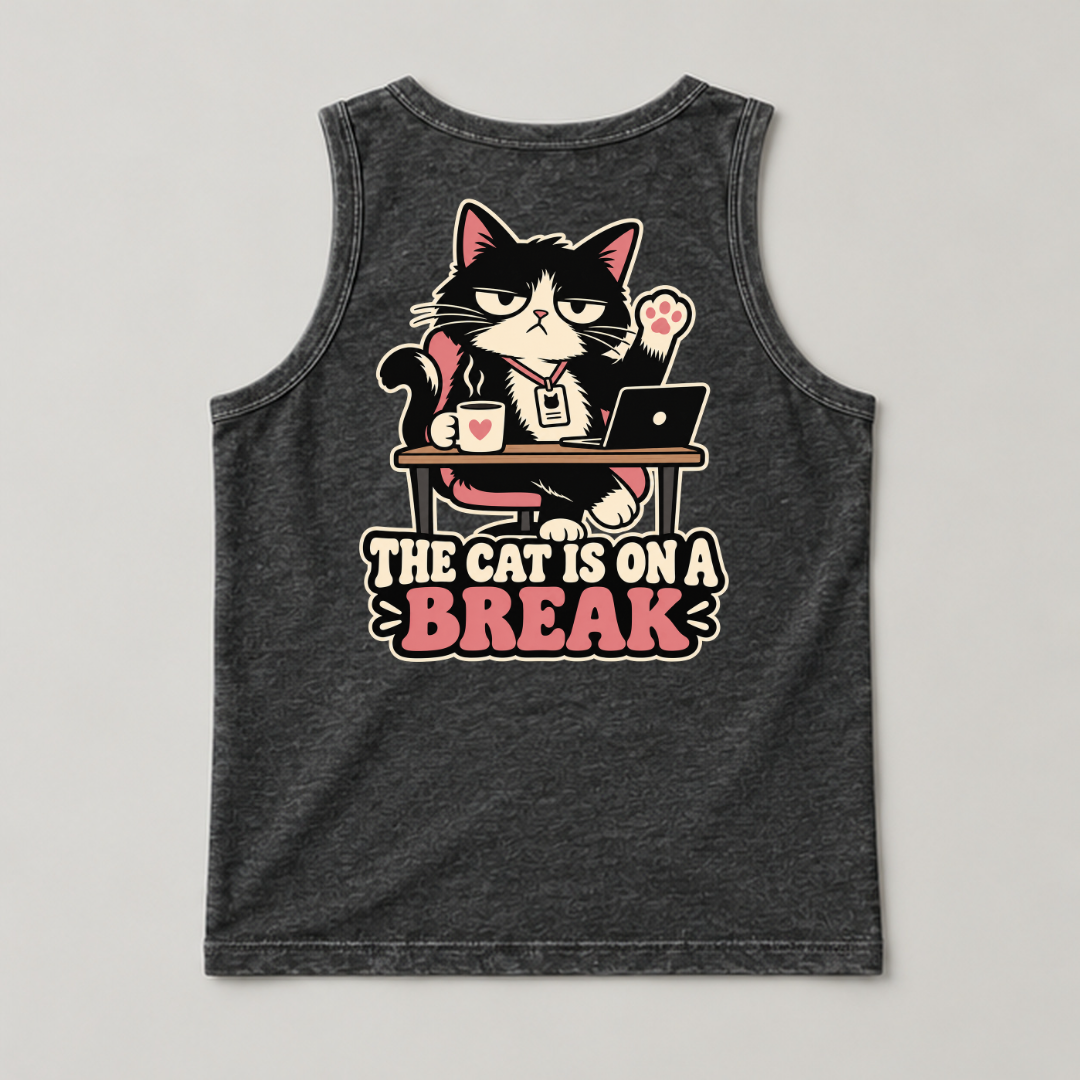 The Cat Is on a Break Graphic Washed T-Shirt, Hoodie & Sweatshirt — washed tanktop mockup 1