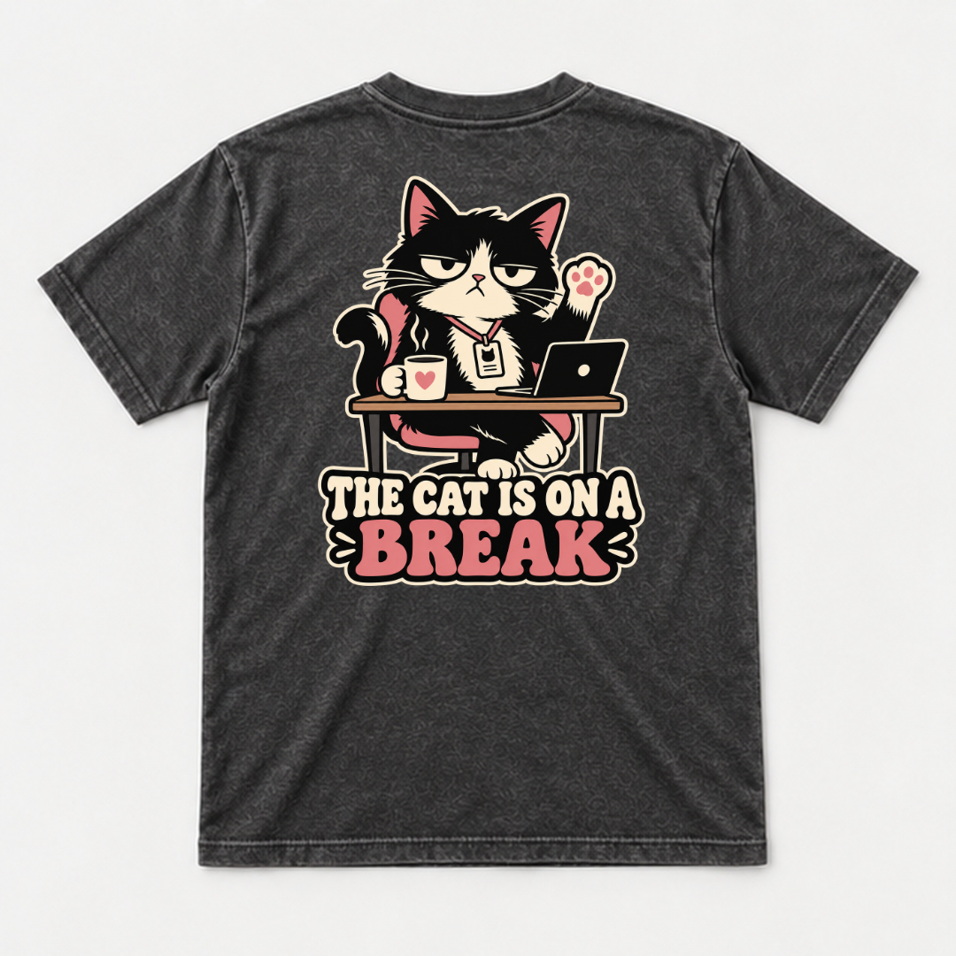 The Cat Is on a Break Graphic Washed T-Shirt, Hoodie & Sweatshirt — washed tshirt mockup 1