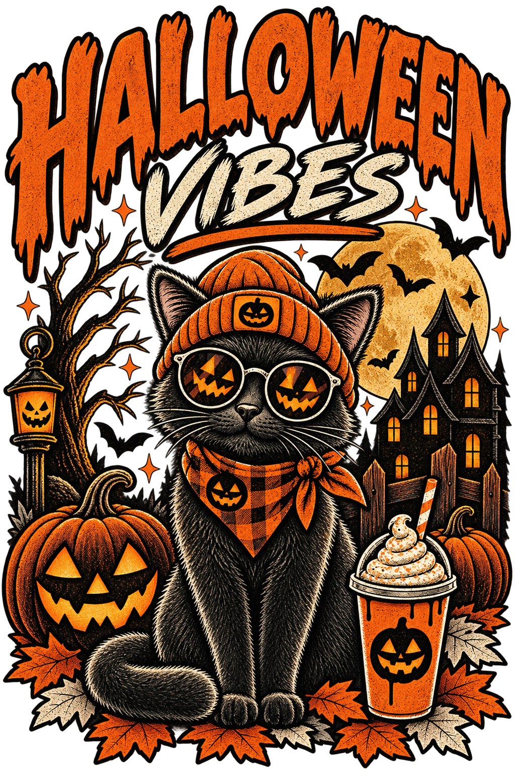 Halloween Vibes Cat – Vintage Washed Graphic T-Shirt & Hoodie