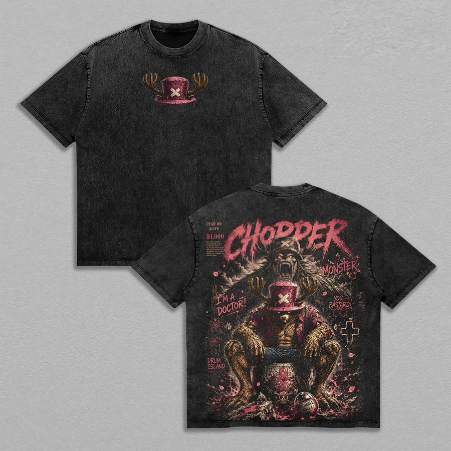 OnePiece Toni Chopper Monster Point Anime Graphic Tee Drum Island Doctor Vintage Washed Oversized T-Shirt