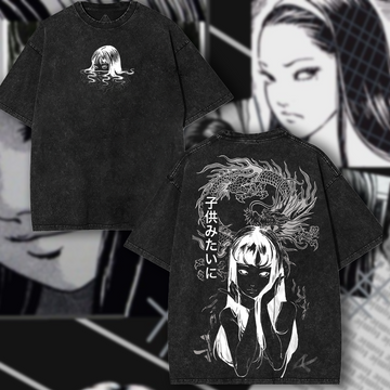 Junji Ito Tomie Anime Graphic Tee Oversized Acid Washed T-Shirts