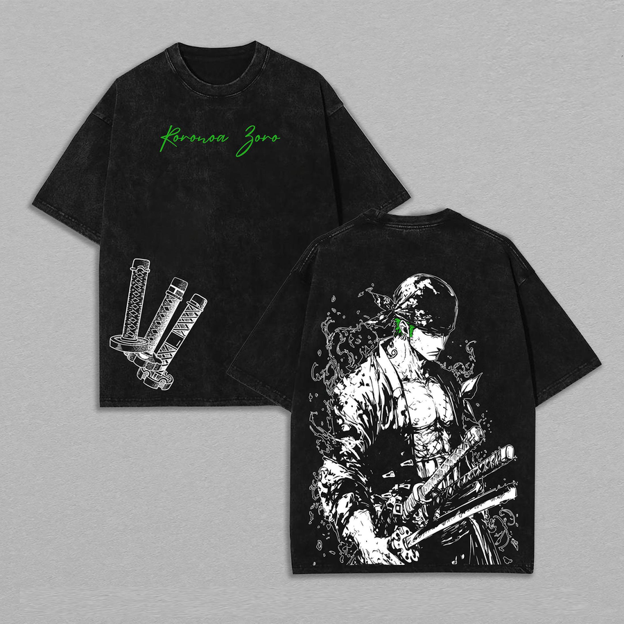 One Piece Roronoa Zoro Graphic Tee Pirate Hunter MerchAcid Washed Streetwear T-Shirt