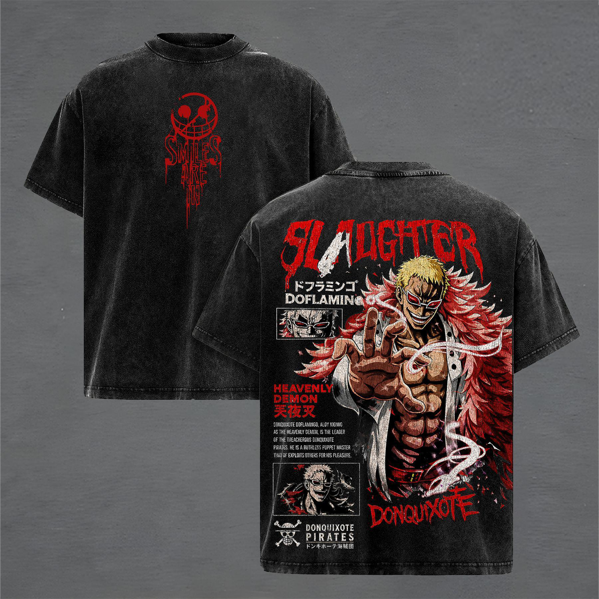 OnePiece Doflamingo Vintage Washed T-Shirt Heavenly Demon King of Dressrosa Anime Manga Heavy Cotton Unisex Oversized Streetwear T-Shirt
