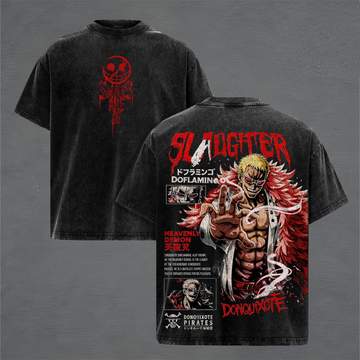 OnePiece Doflamingo Vintage Washed T-Shirt Heavenly Demon King of Dressrosa Anime Manga Heavy Cotton Unisex Oversized Streetwear T-Shirt