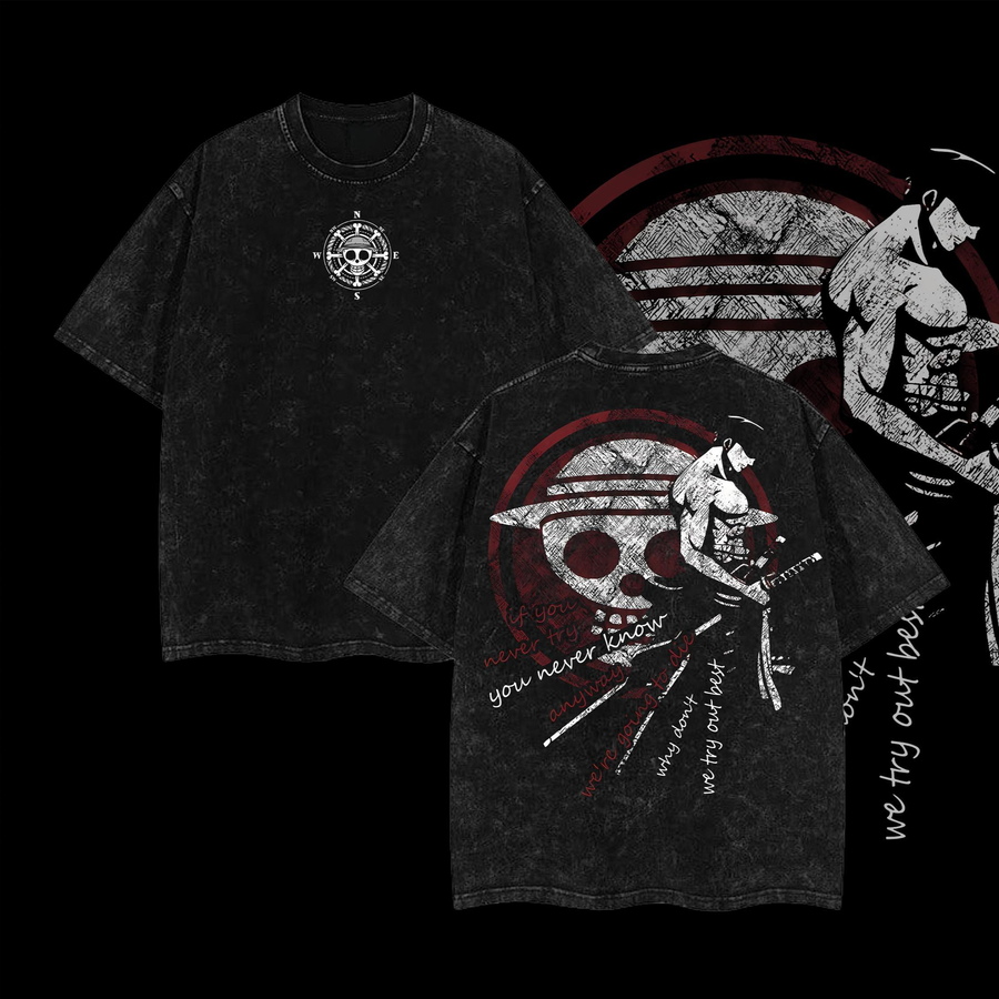One Piece xZoro Asura Anime Clothing Double Printed Vintage Oversized Washed T-Shirt