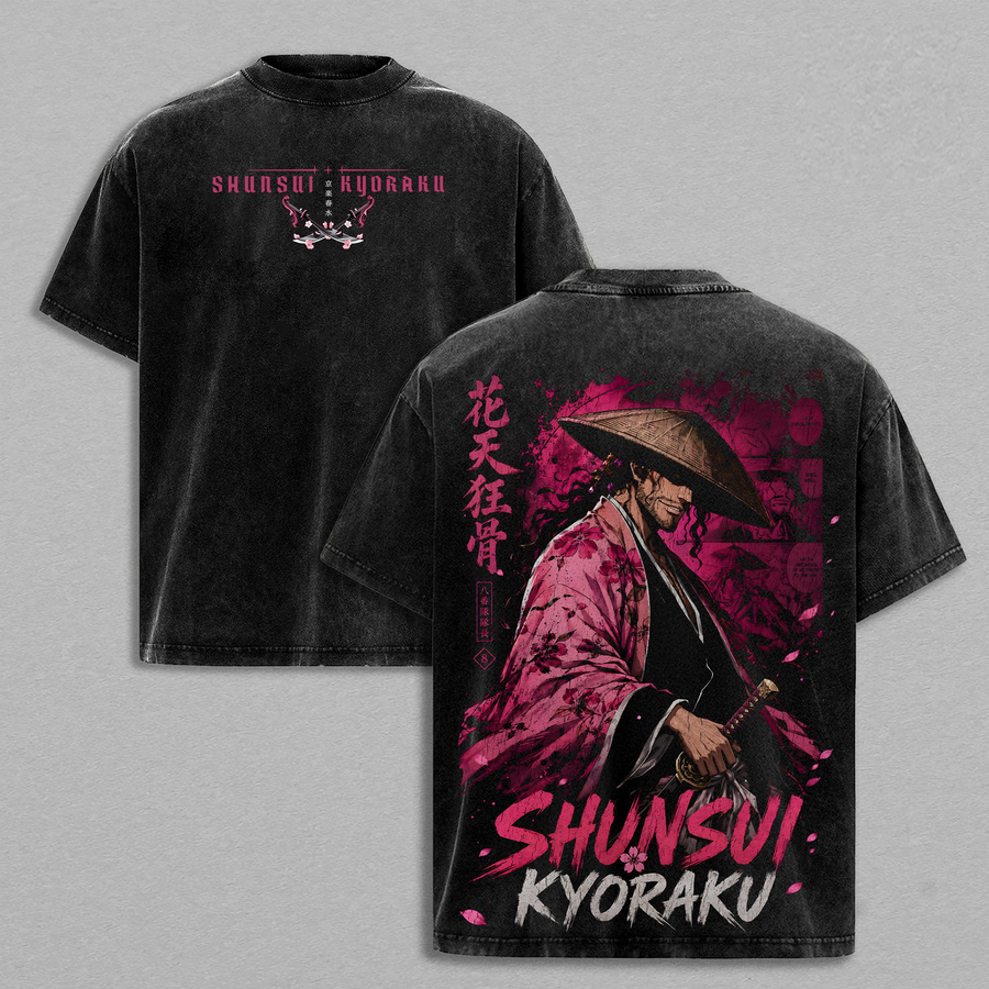 Bleach  Shunsui Kyoraku Anime Double Printed Vintage Washed Tee Unisex Oversize Anime Manga Washed Heavyweight Cotton T-shirt