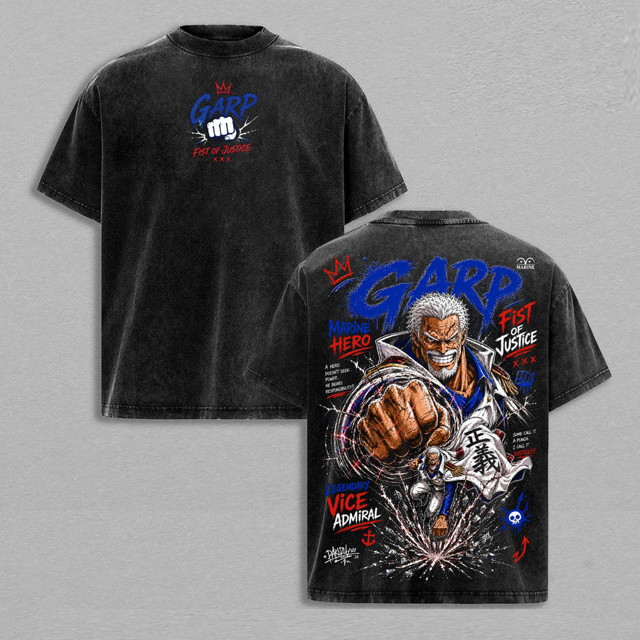 One Piece Monkey D Garp  Vintage Washed Tee Marine Hero Fist of Justice Anime Manga T-Shirt