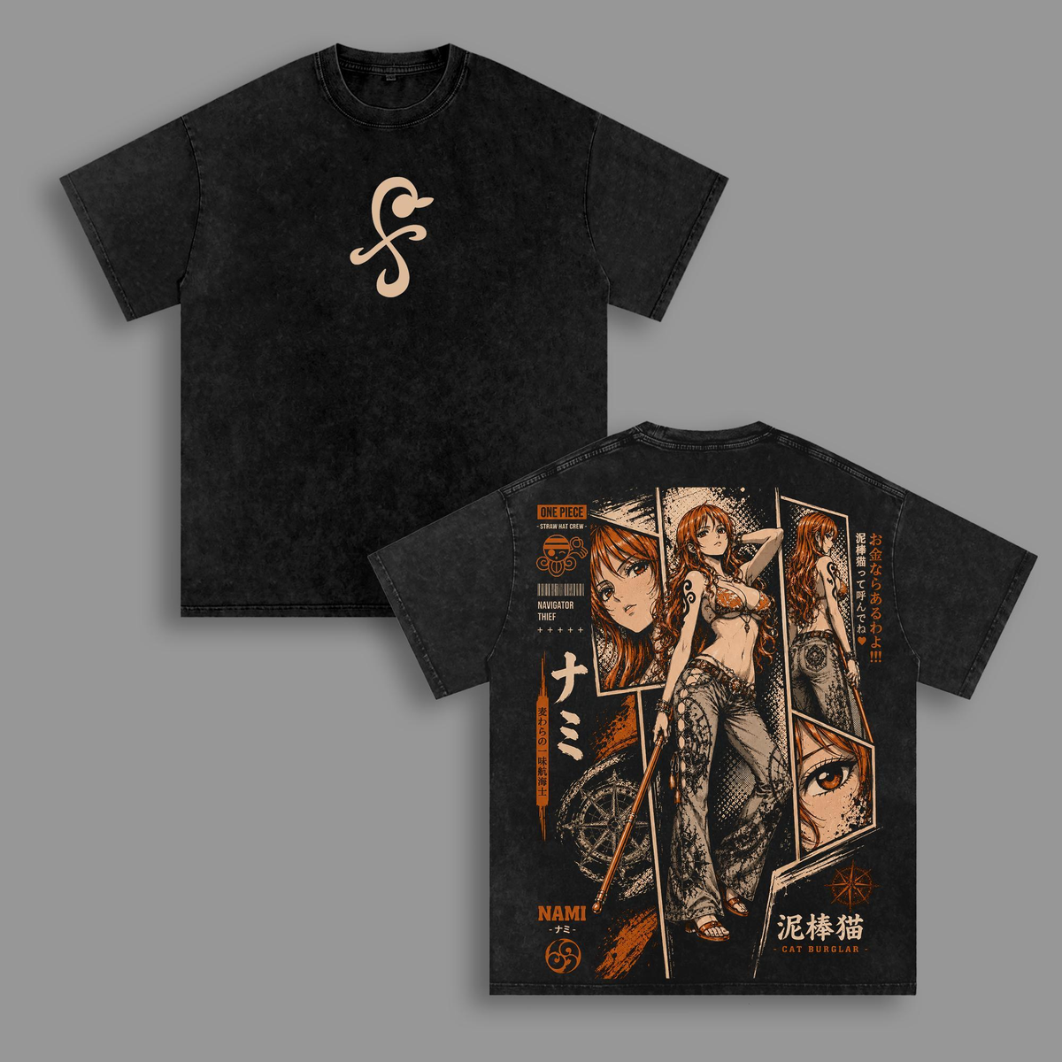 One Piece Nami  Anime Double-Printed Vintage Washed Streetwear Tee Shirt