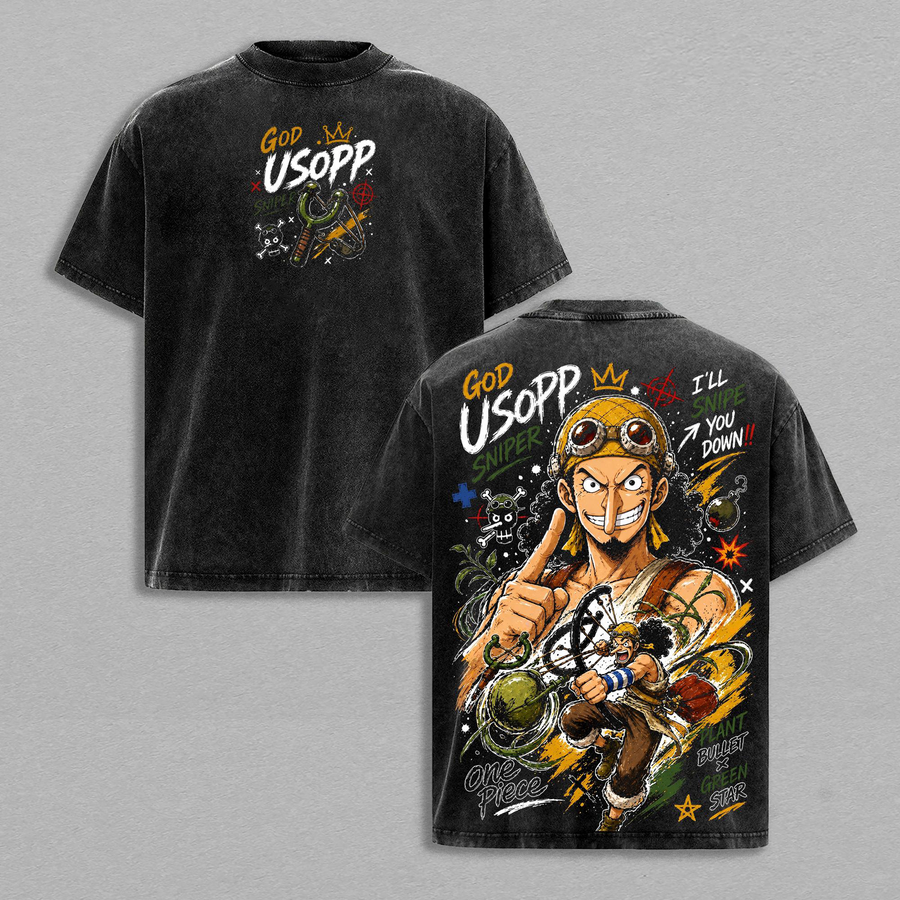 One Piece Usopp God Usopp Sniper King Anime Vintage Washed Oversized  Marksman Streetwear Cotton T-Shirt