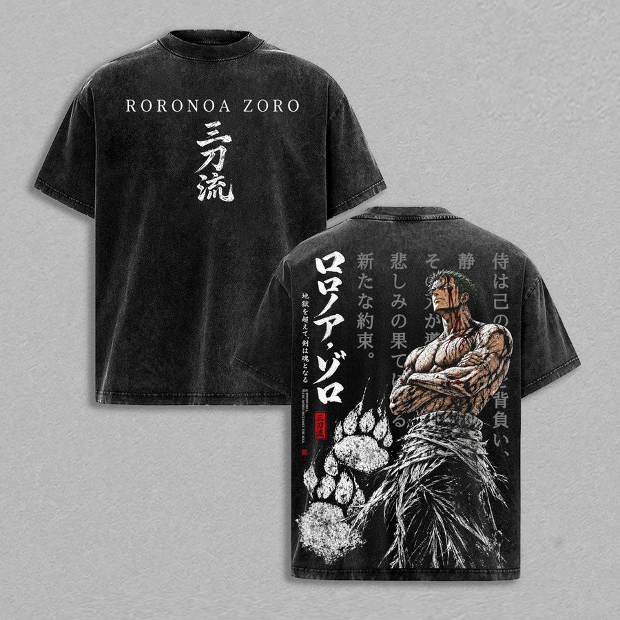 One Piece Roronoa Zoro Vintage  Anime Swordsman Graphic Tee Double Printed Washed Manga T-Shirt