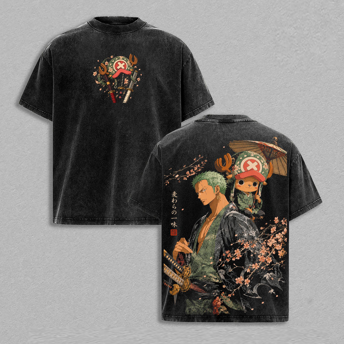 OnePiece Roronoa Zoro & Tony Tony Chopper Wano Country Unisex Oversized Washed Heavyweight Cotton T-Shirt Menswear