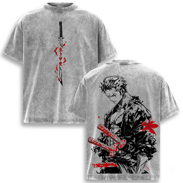One Piece Roronoa Zoro Graphic Tee Anime Washed Heavy Cotton T-Shirt
