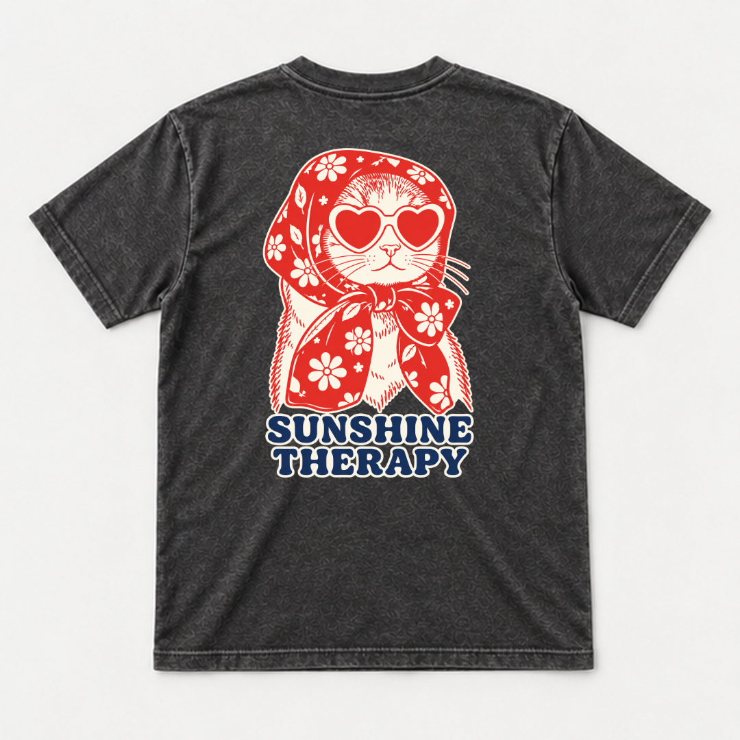 Sunshine Therapy Floral Cat — Washed apparel mockup 1
