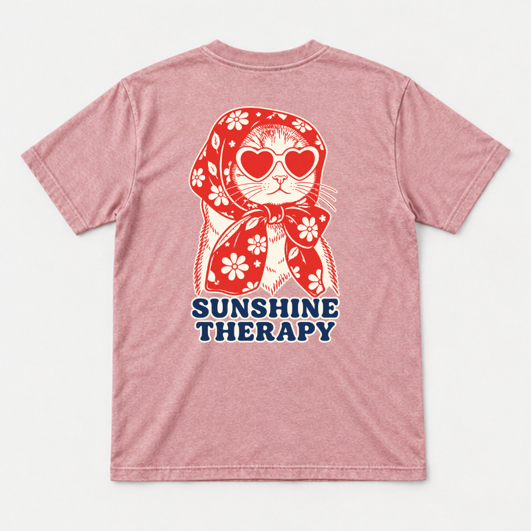 Sunshine Therapy Floral Cat — Washed apparel mockup 4