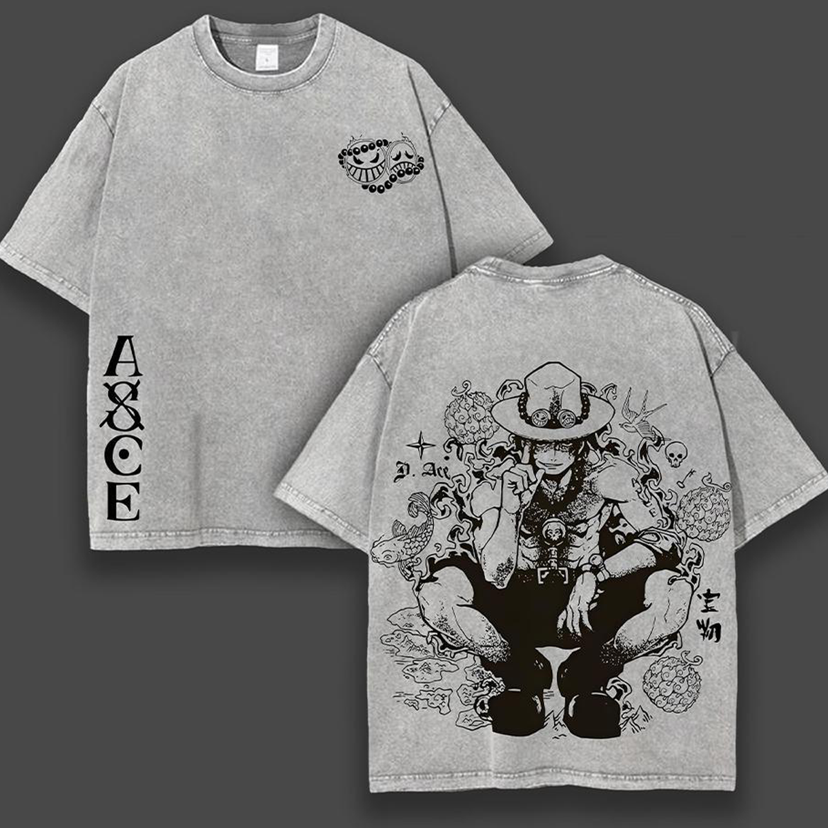 One Piece x ACE  – Anime Double Printed Oversize Lightweight Acid Washed Tee T-Shirt