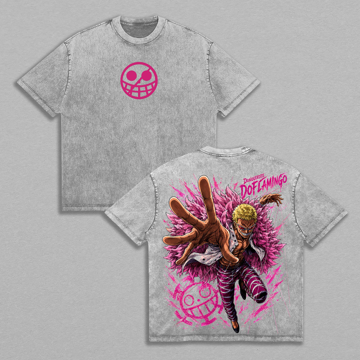 One Piece Donquixote Doflamingo Heavenly Demon Vintage Washed Heavyweight Cotton T-Shirt Double Sided Graphic Oversized Anime Streetwear T-Shirt