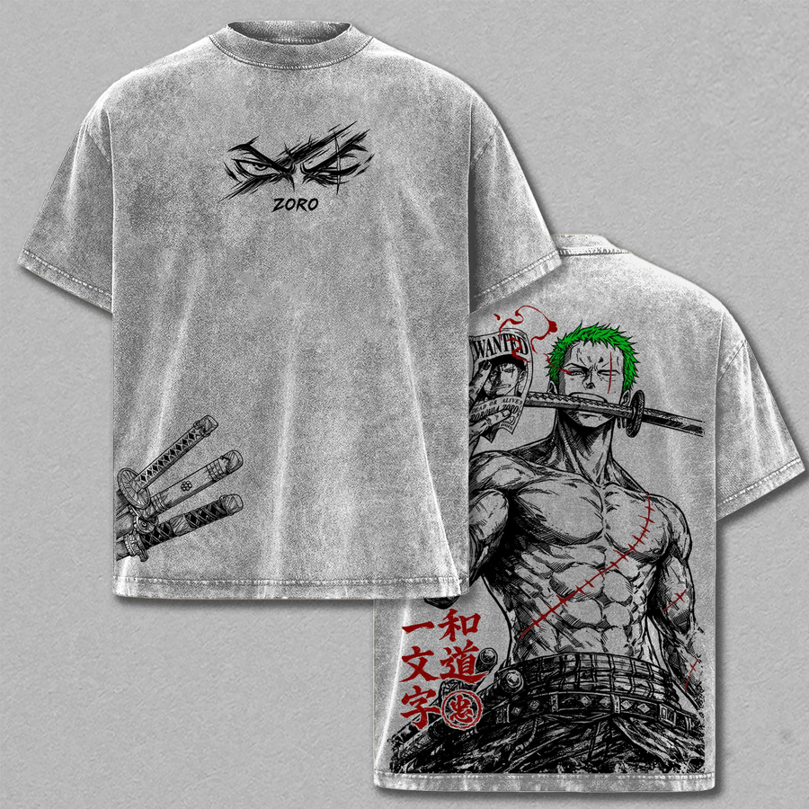 OnePiece Roronoa Zoro Vintage Washed Oversized T-Shirt – Double Printed Graphic Tee