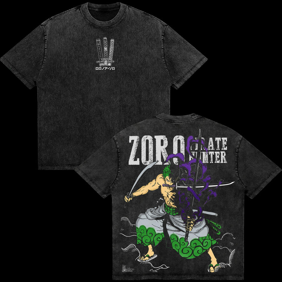 One Piece  Zoro Three Sword Style Double Sided Tee Vintage Washed Soft Cotton Menswear Top Classic Casual Streetwear T-Shirt